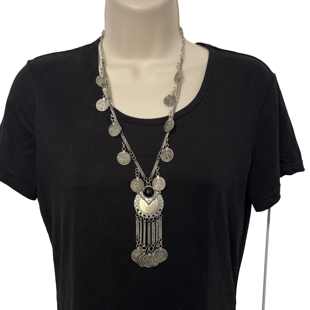 Vtg Boho Silver Coin Tassel Statement Necklace Bracelet Gypsy Festival Jewelry